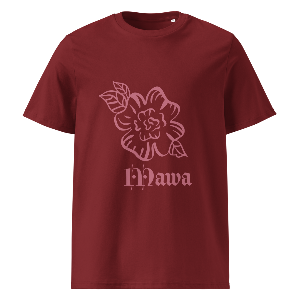 T-shirt bordeaux de face illustré par un dessin de rose + légende shimaoré