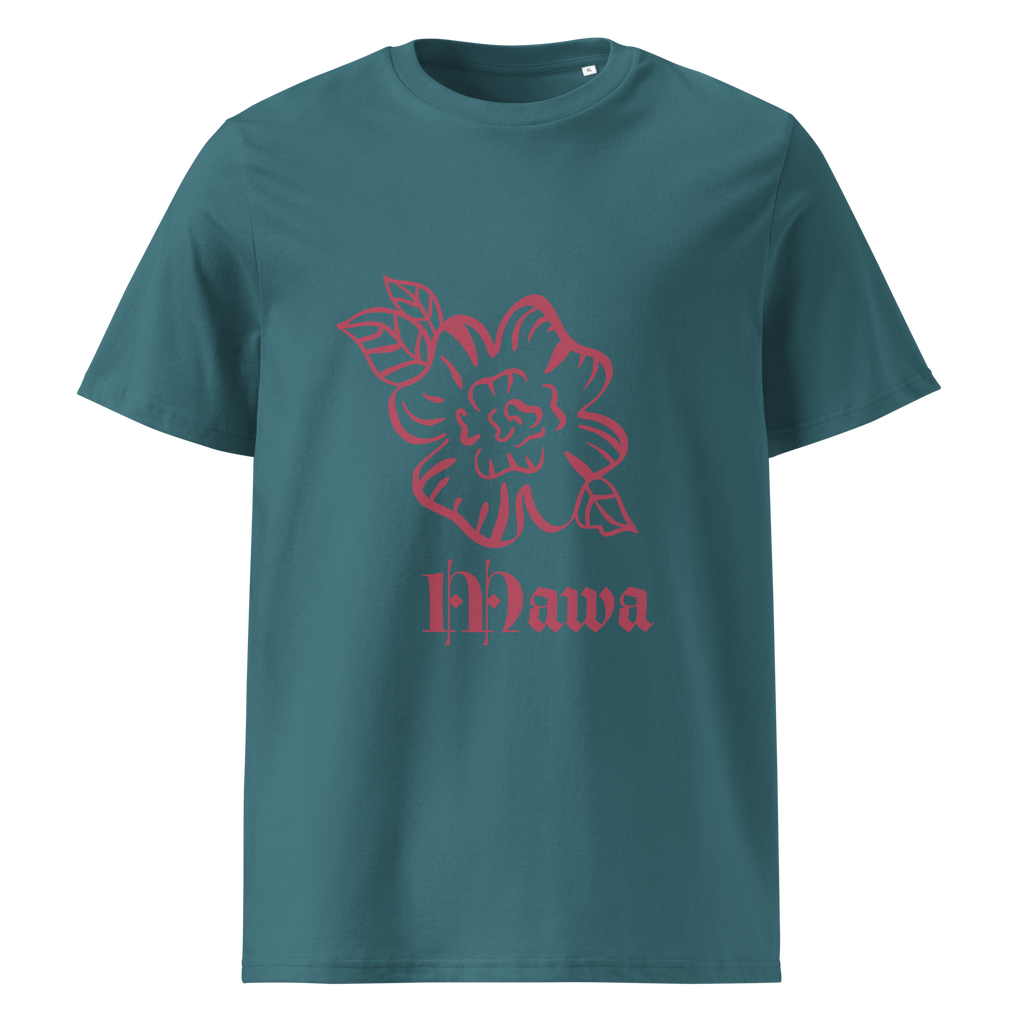 T-shirt bleu nuit de face illustré par un dessin de rose +légende shimaoré