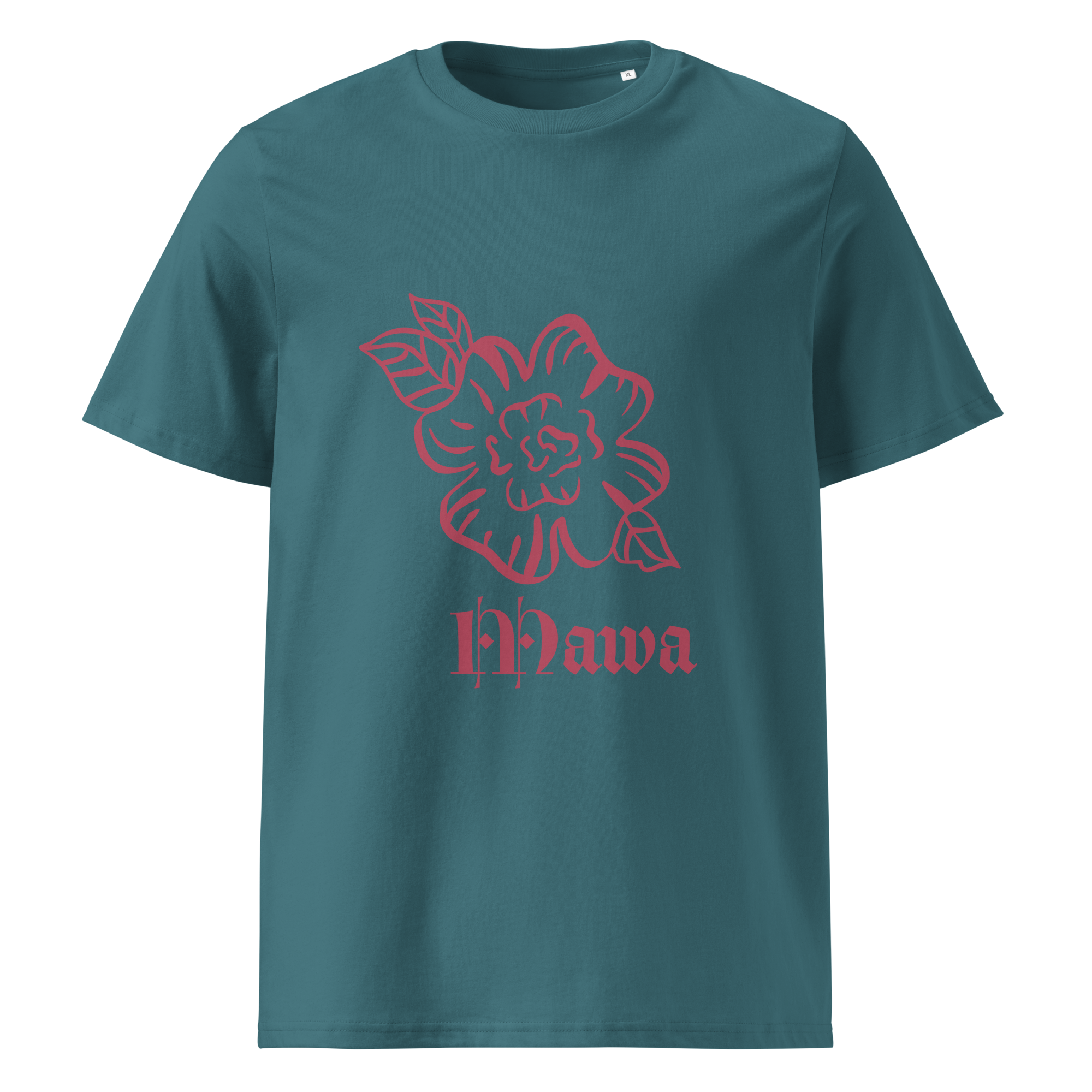 T-shirt bleu nuit de face illustré par un dessin de rose +légende shimaoré